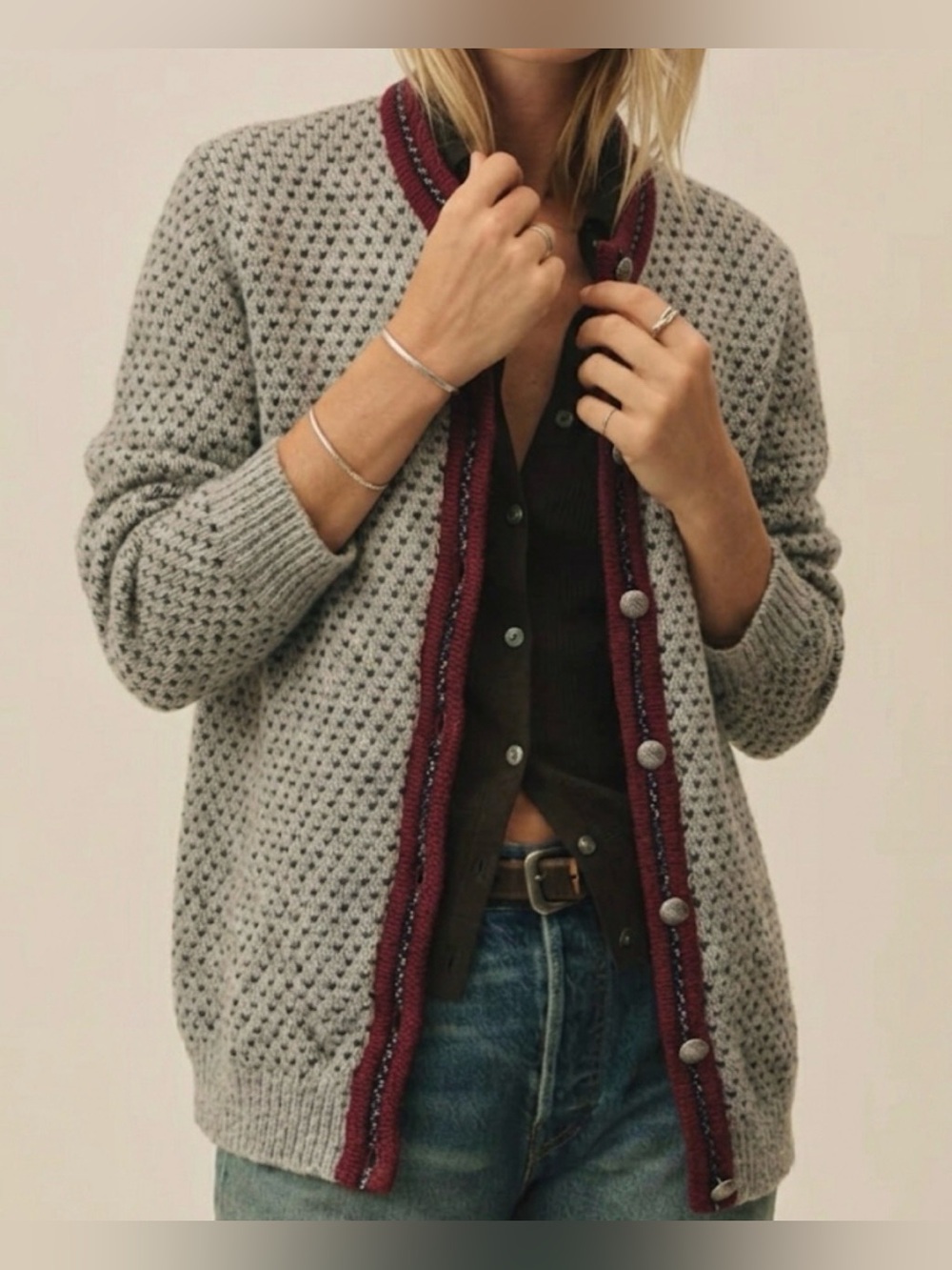 L.L. Bean Women's Light Gray Knit Cardigan with Burgundy Trim - Picture 2 of 16